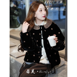若芙 秋冬国风气质钻石天鹅绒丝绒钉珠羽绒服 黑色宝相花