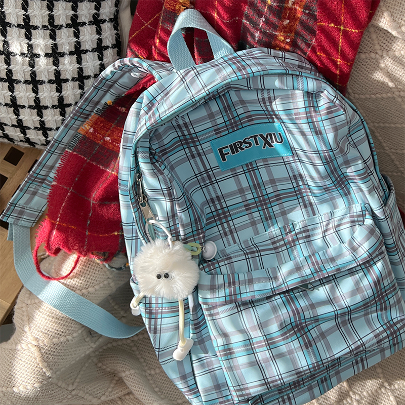 日系薄荷绿格子书包女大学生简约百搭大容量初中女生高颜值双肩包