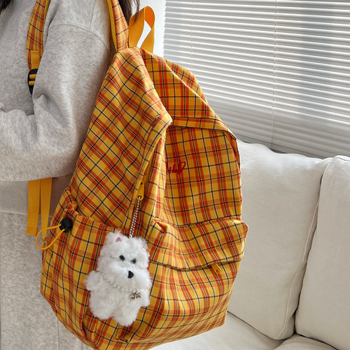 港风格子ins简约书包女初高中学生大容量 百搭文艺轻便通勤双肩包