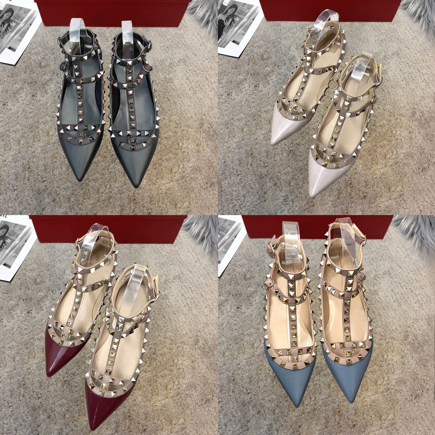 升级版本~不磨脚真皮单鞋女V家铆钉平底鞋尖头浅口绑带大码平跟鞋