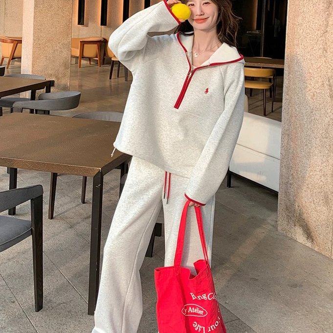 浅灰色洋气减龄卫衣套装女秋季2025新款超火休闲运动阔腿裤两件套
