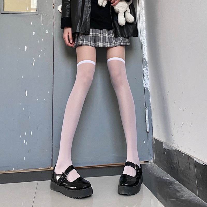 黑女超薄款全透明过膝袜子长筒黑色ins潮性感白色日系可爱JK