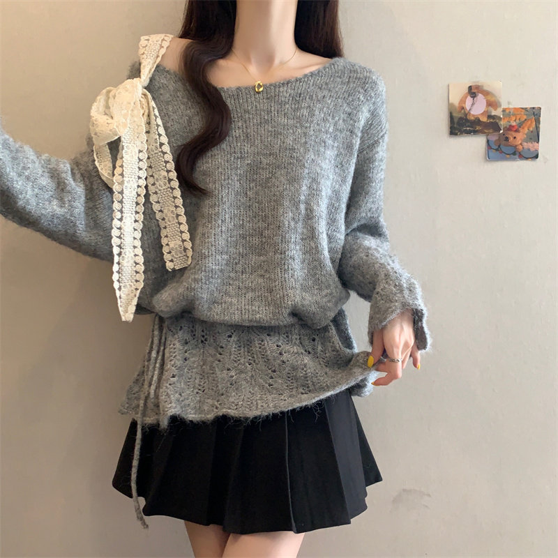 大码毛衣女针织衫上衣春秋冬季新款时尚宽松小心机露肩蝴蝶结套头