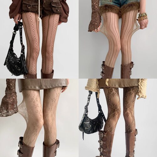 美拉德咖色网袜y2k复古辣妹镂空高弹渔网袜jk纯欲蕾丝提花连裤袜