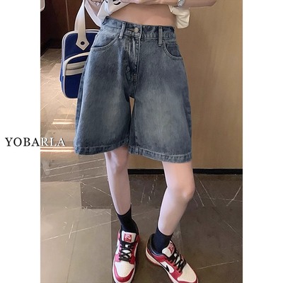 复古阔腿牛仔短裤女夏薄款大码胖mm宽松显瘦梨型身材五分直筒中裤