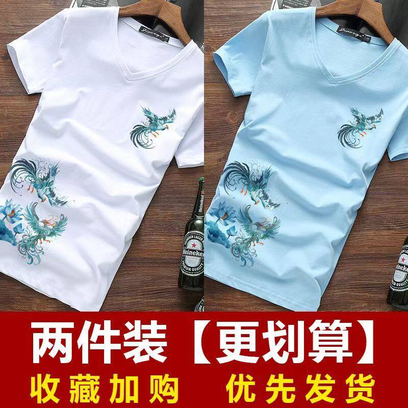 中国风短袖t恤男夏季潮牌纯棉v领修身国潮印花半截袖青年体恤男装