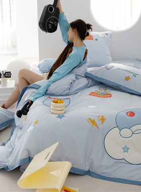 少女心天蓝色60全棉长绒棉四件套刺绣蓝胖PP床单双人纯棉床上用品