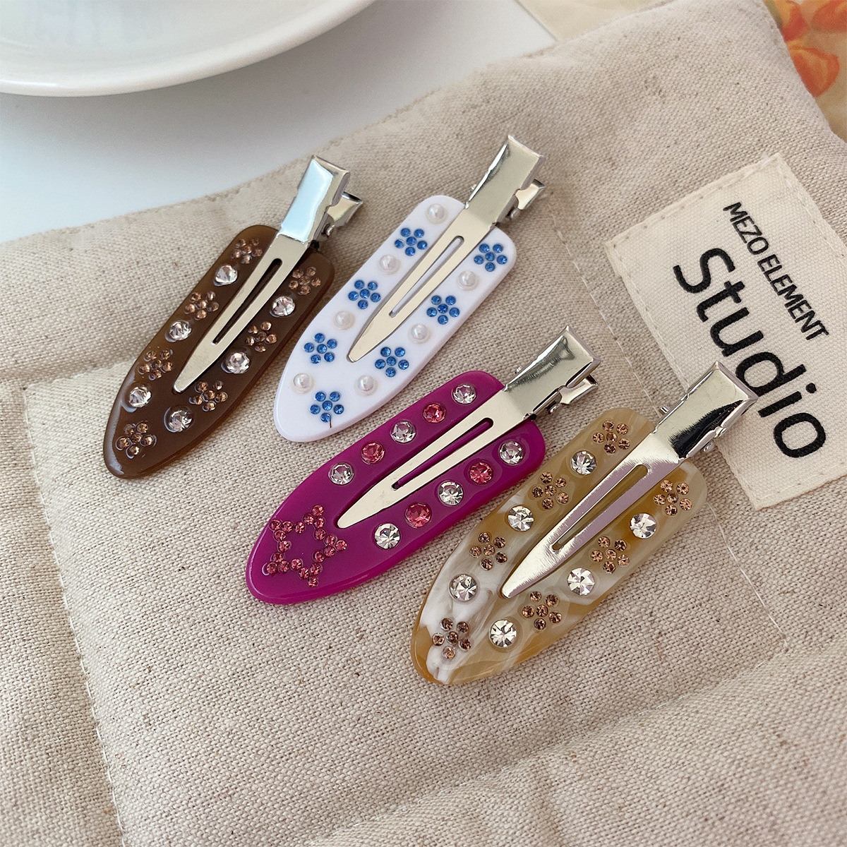 高级感醋酸水钻碎发发夹女边夹花朵侧边刘海无痕大理石纹发卡发饰