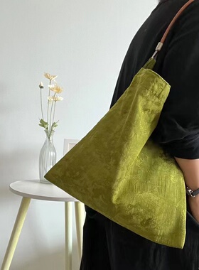 Ya小铺/新中式复古提花织布黄绿色牛皮绳斜跨单肩包古风帆布包