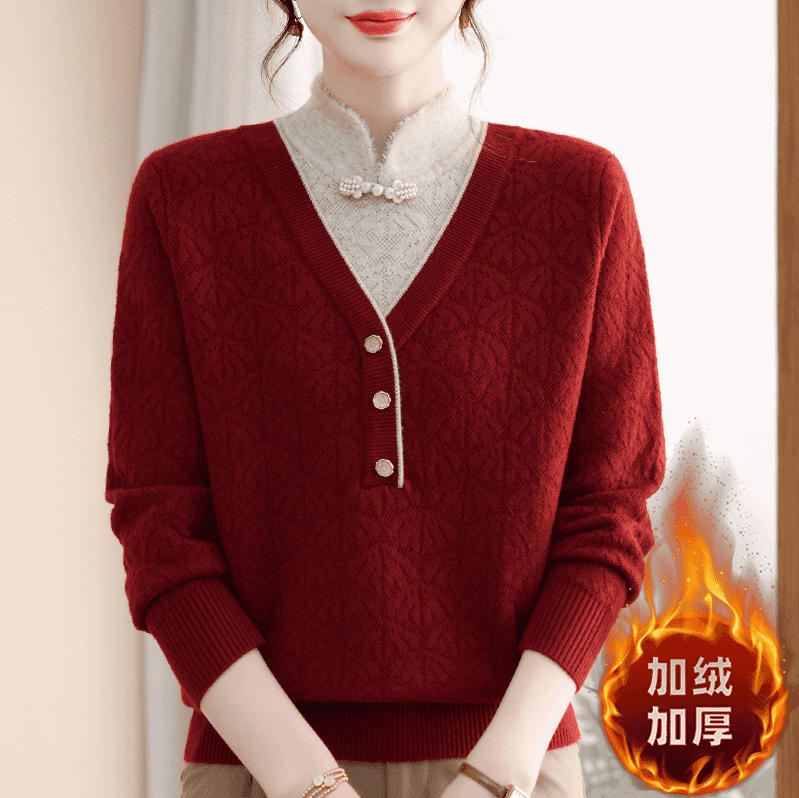 妈妈秋冬装保暖加厚毛衣旗袍领2025新款中老年一体绒上衣女打底衫