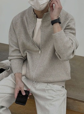 MYQ立领慵懒风高领毛衣外套男士秋季韩版宽松潮流拉链针织开衫