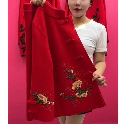 妈妈秋冬中国风盘扣外套绣花婆婆开衫中式中老年红色唐装针织上衣