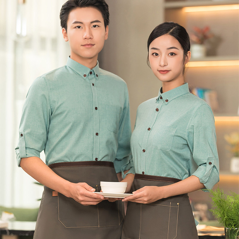 男女绿色秋冬装季奶茶餐厅酒吧服务员工作服长袖华莱士衬衣印绣字