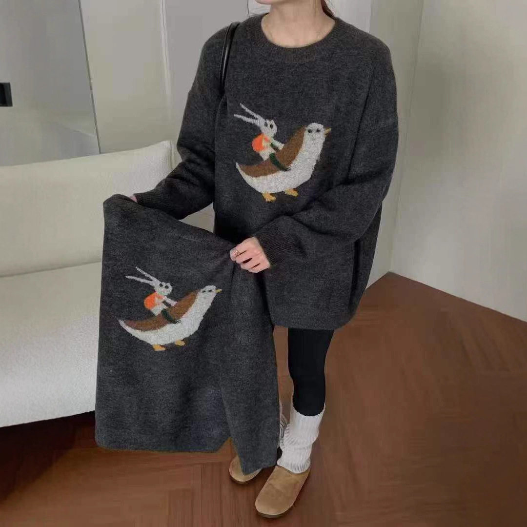 园园美衣新款韩系卡通图案毛衣女慵懒风圆领套头长袖针织衫上衣女