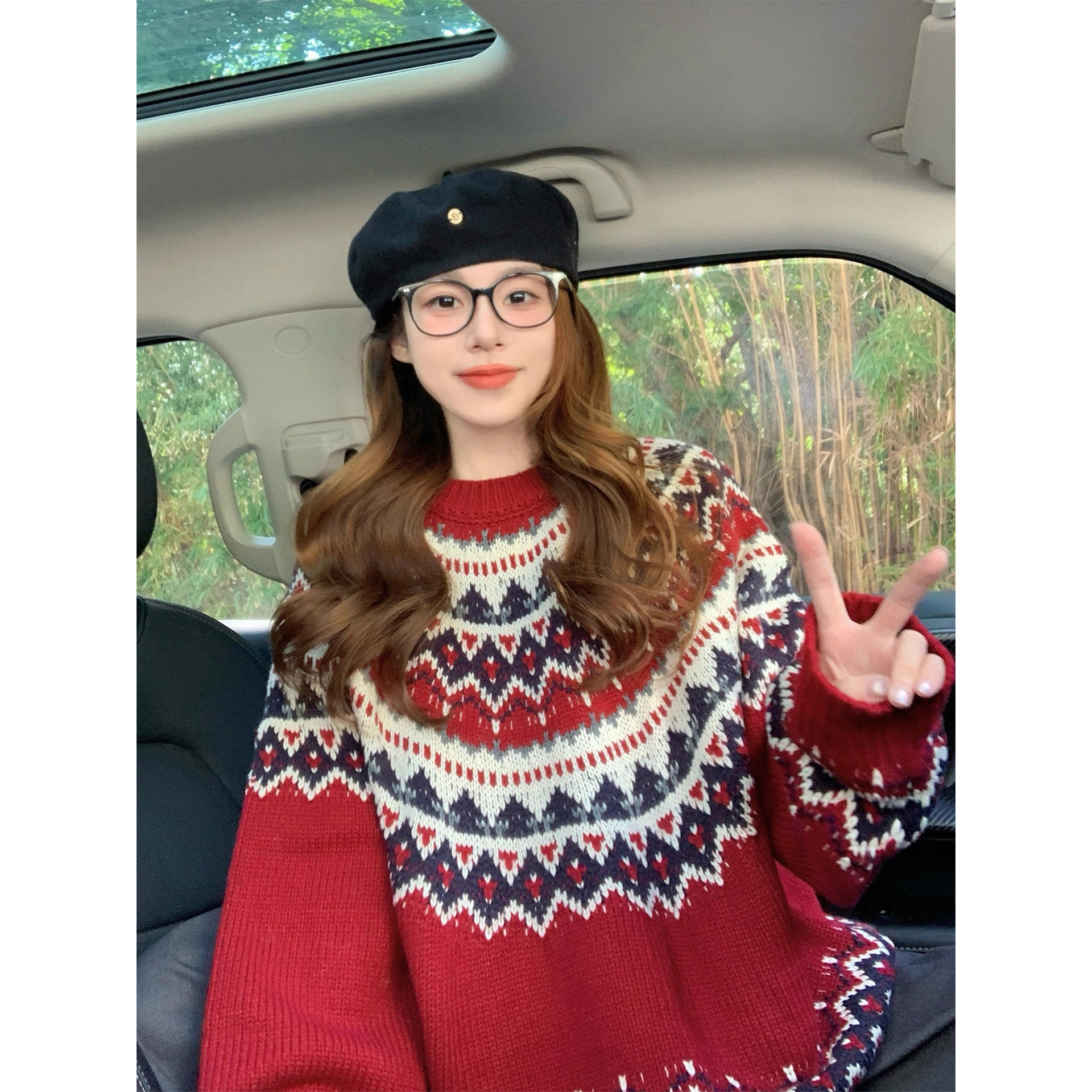 园园美衣岛毛衣女2026新款冬季外穿复古提花慵懒风圆领套头针织衫