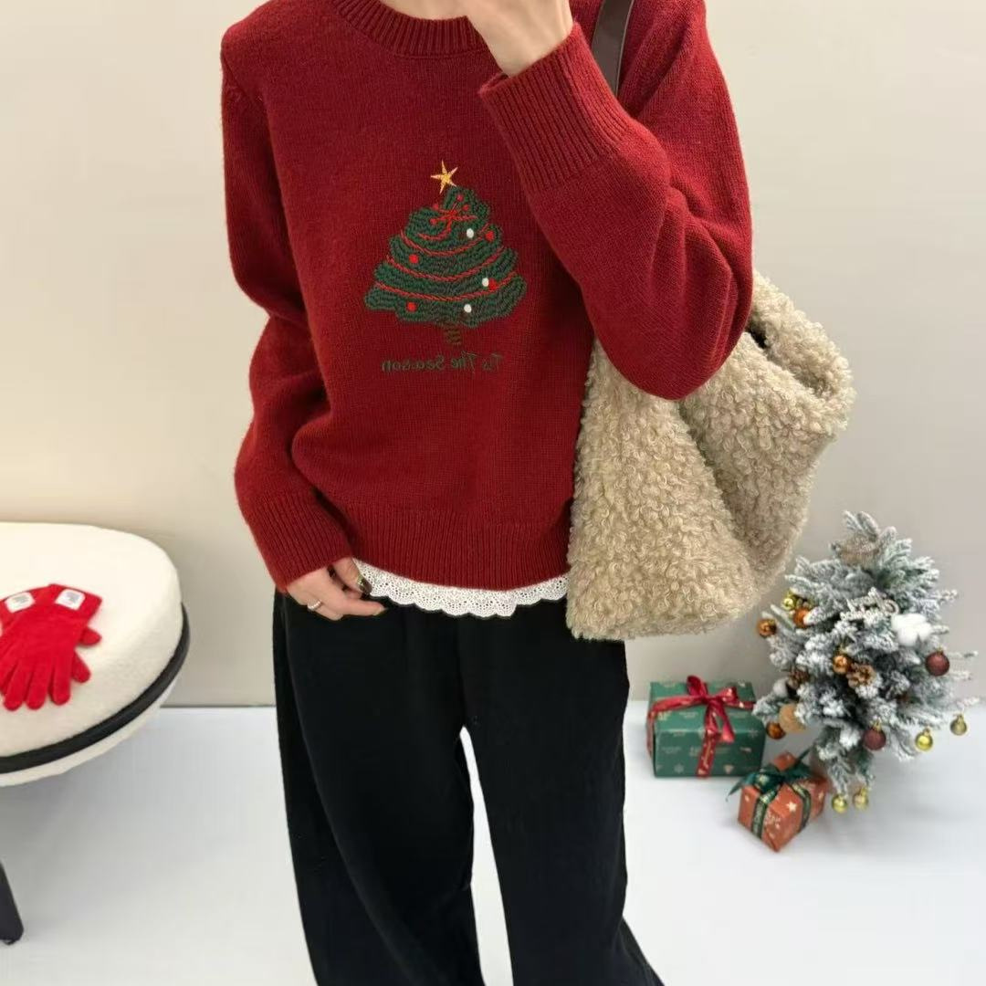 园园美衣冬毛衣新款浣熊绒圣诞树保暖花边拼接毛衣套头学院风毛衣