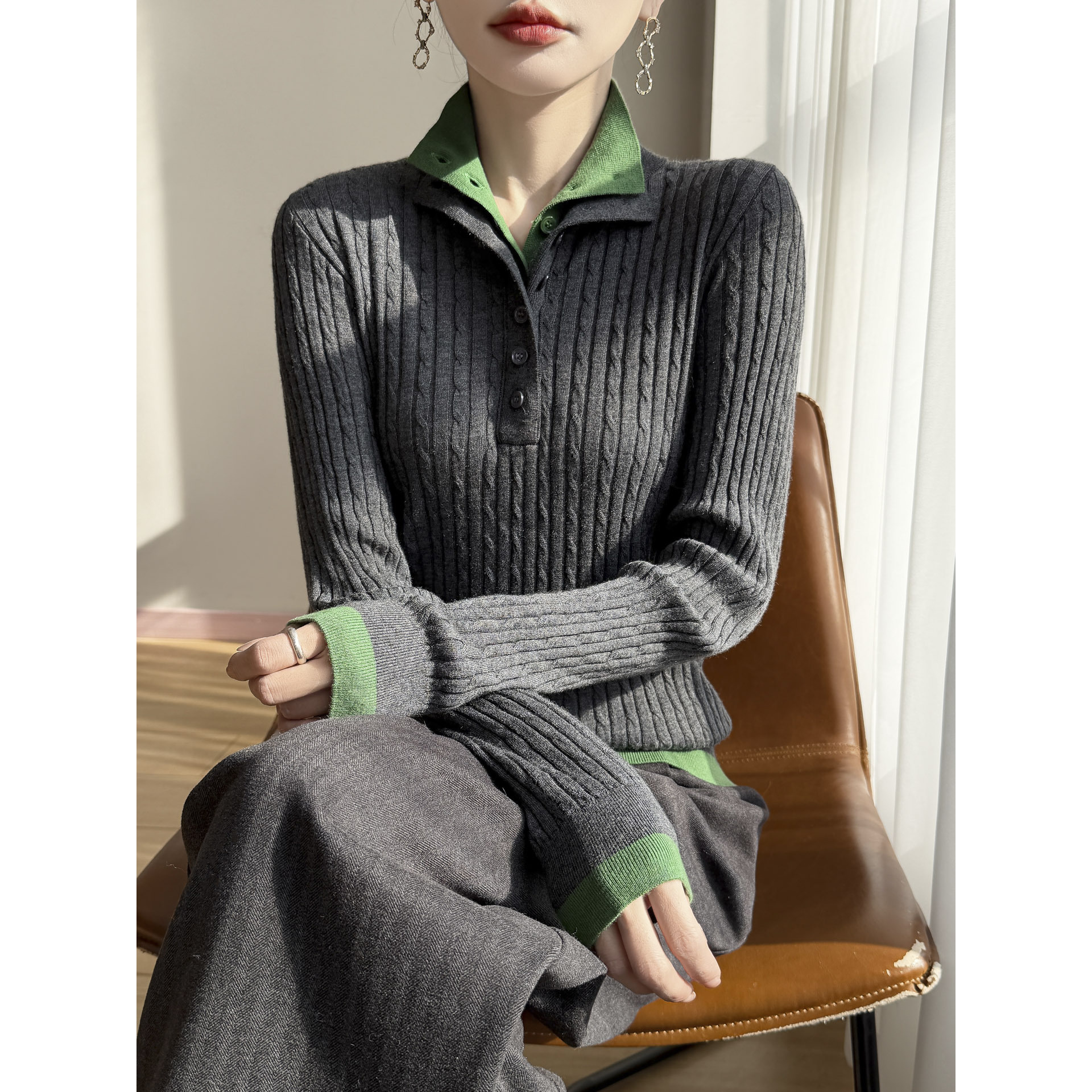 园园美衣半开立领撞色假两件修身