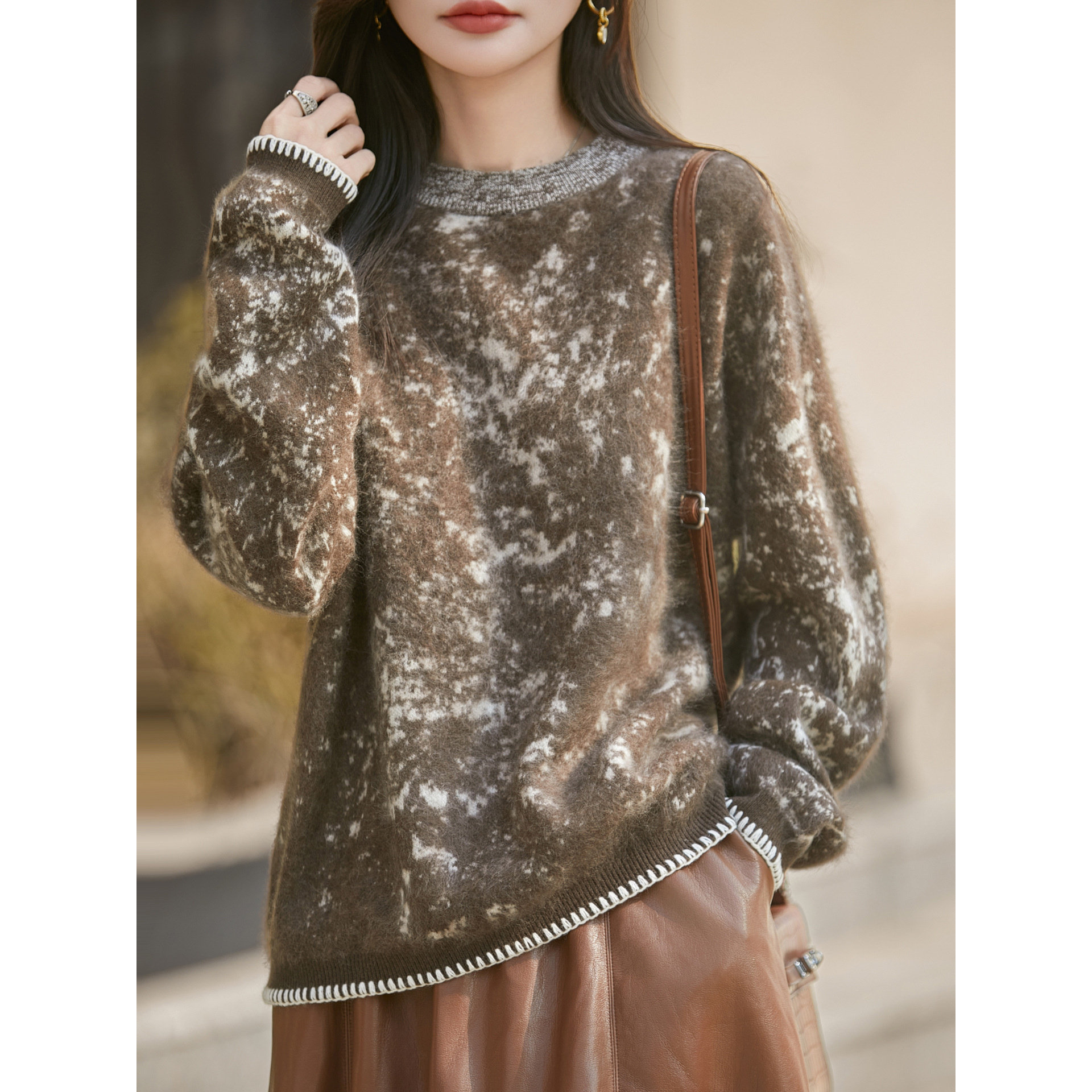 园园美衣水墨提花拉绒羊毛衫美拉