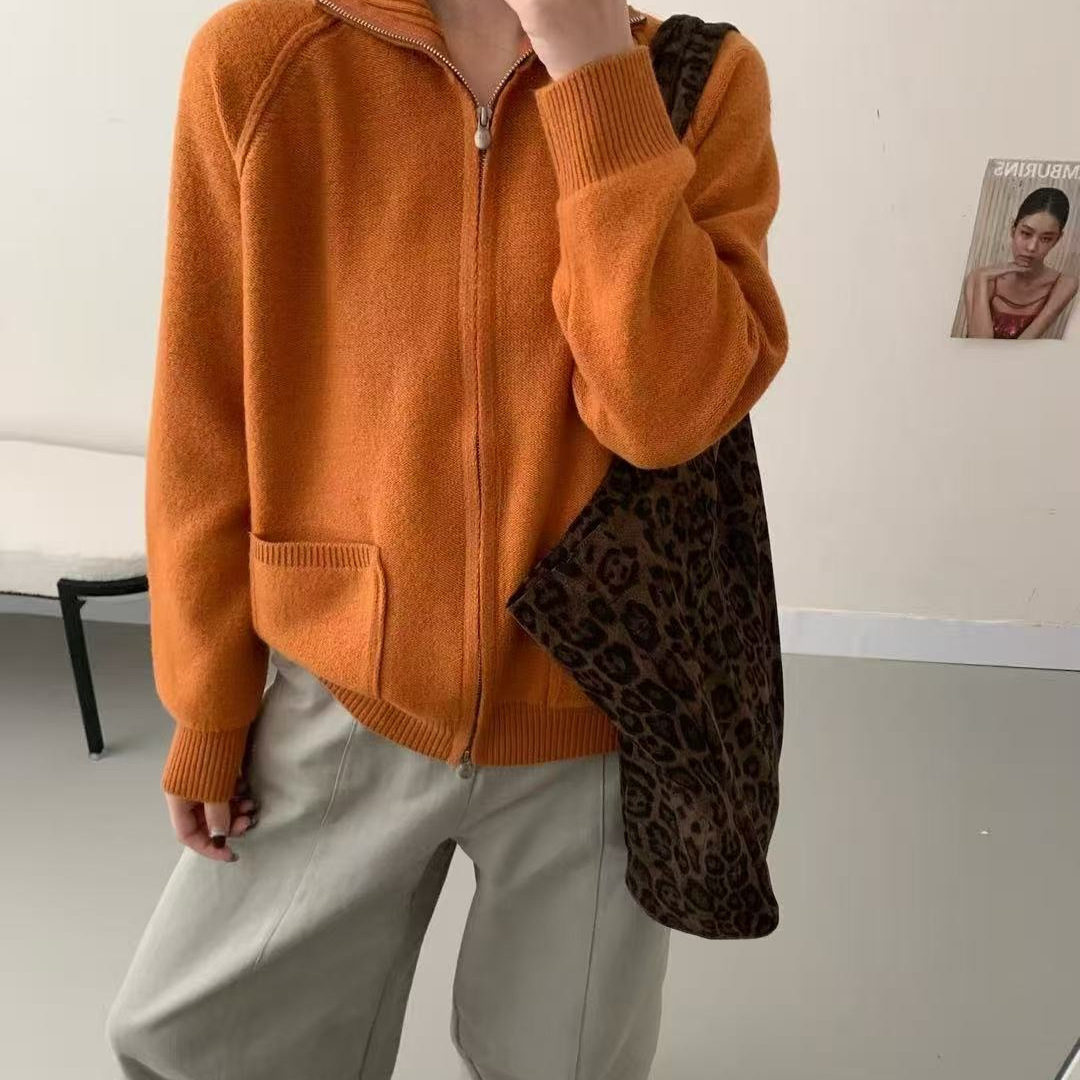 园园美衣衣女加厚保暖羊驼蜜熊绒毛衣开衫外套拉链口袋毛衣慵懒风