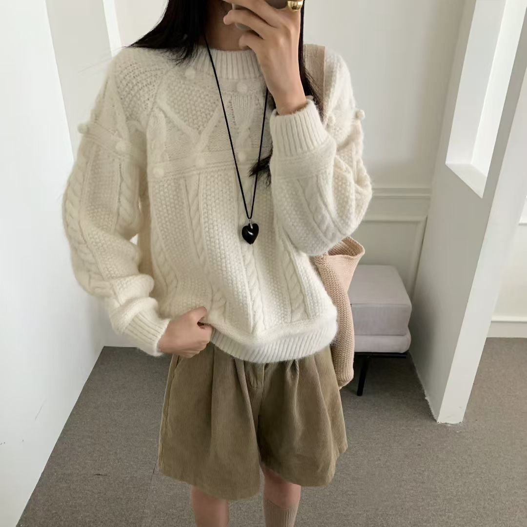 园园美衣宽松慵懒温柔风套头毛衣女立体绞花圆领内搭针织衫上衣厚