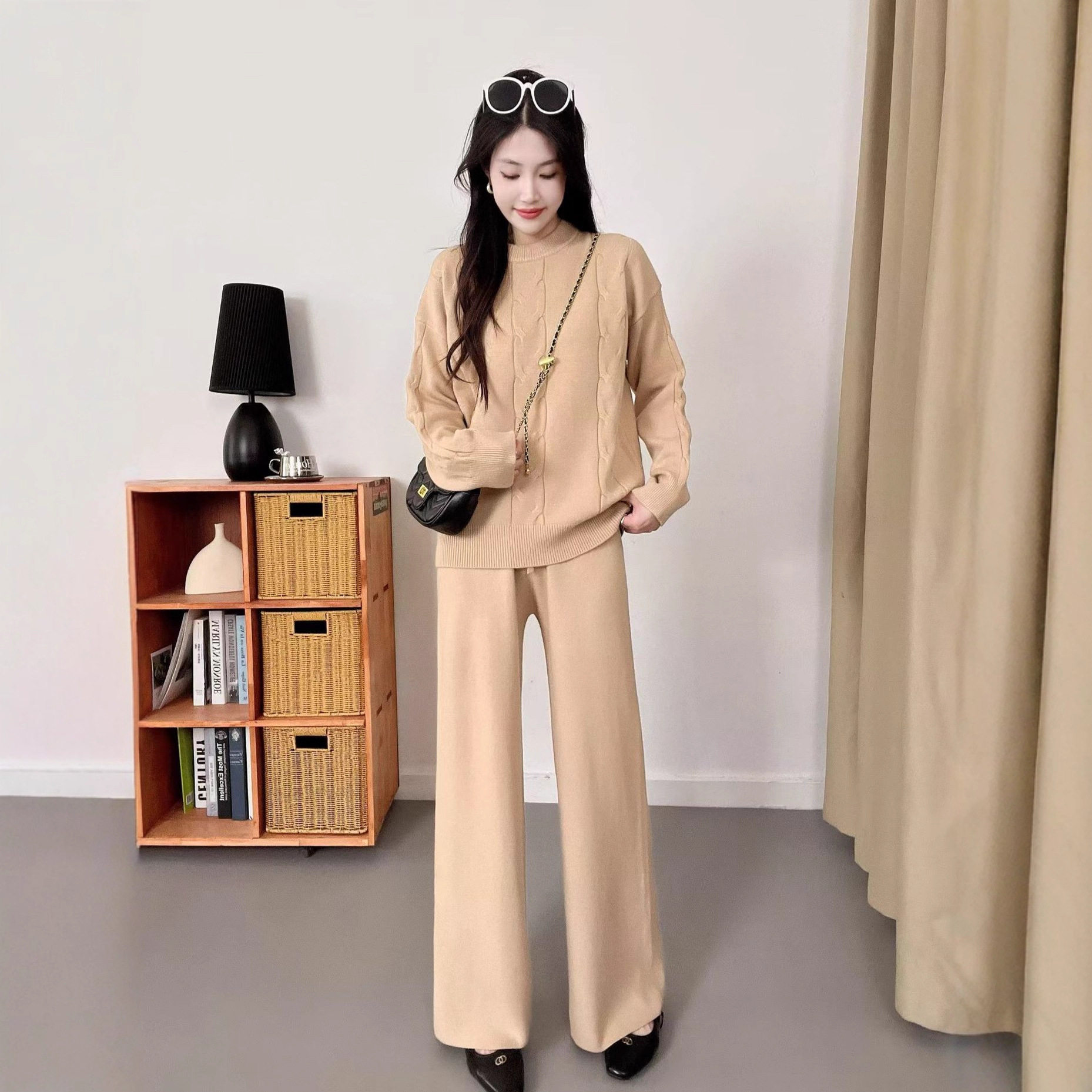 圆领套头针织衫女秋冬季新款宽松针织衫宽松阔腿裤两件套套装