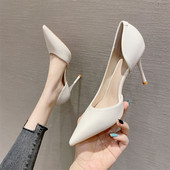百搭米白色浅口侧空尖头性感职业工作单鞋 高跟鞋 女细跟2025年新款