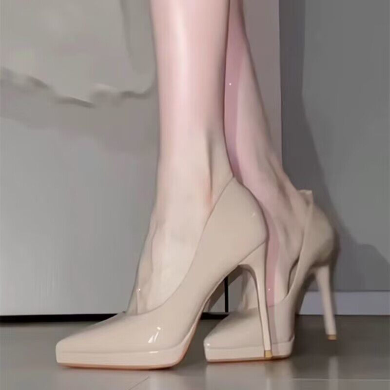裸色防水台高跟鞋女2026新款漆皮性感细跟不累脚百搭气质尖头单鞋