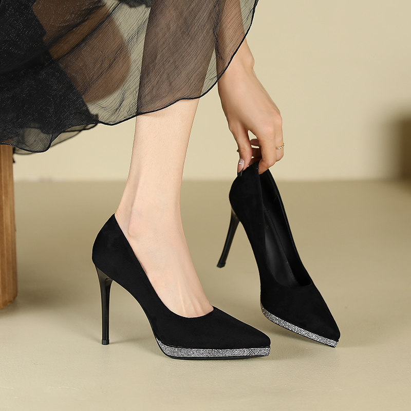 法式时尚细跟黑色性感气质防水台单鞋女配礼服绒面浅口水钻高跟鞋