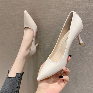 2025新款软皮尖头白色高跟鞋女细跟性感百搭黑色正装职业工作单鞋