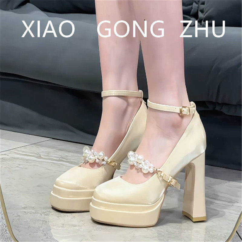 超高跟防水台厚底玛丽珍鞋女白色婚纱新娘婚鞋粗跟一字带珍珠单鞋