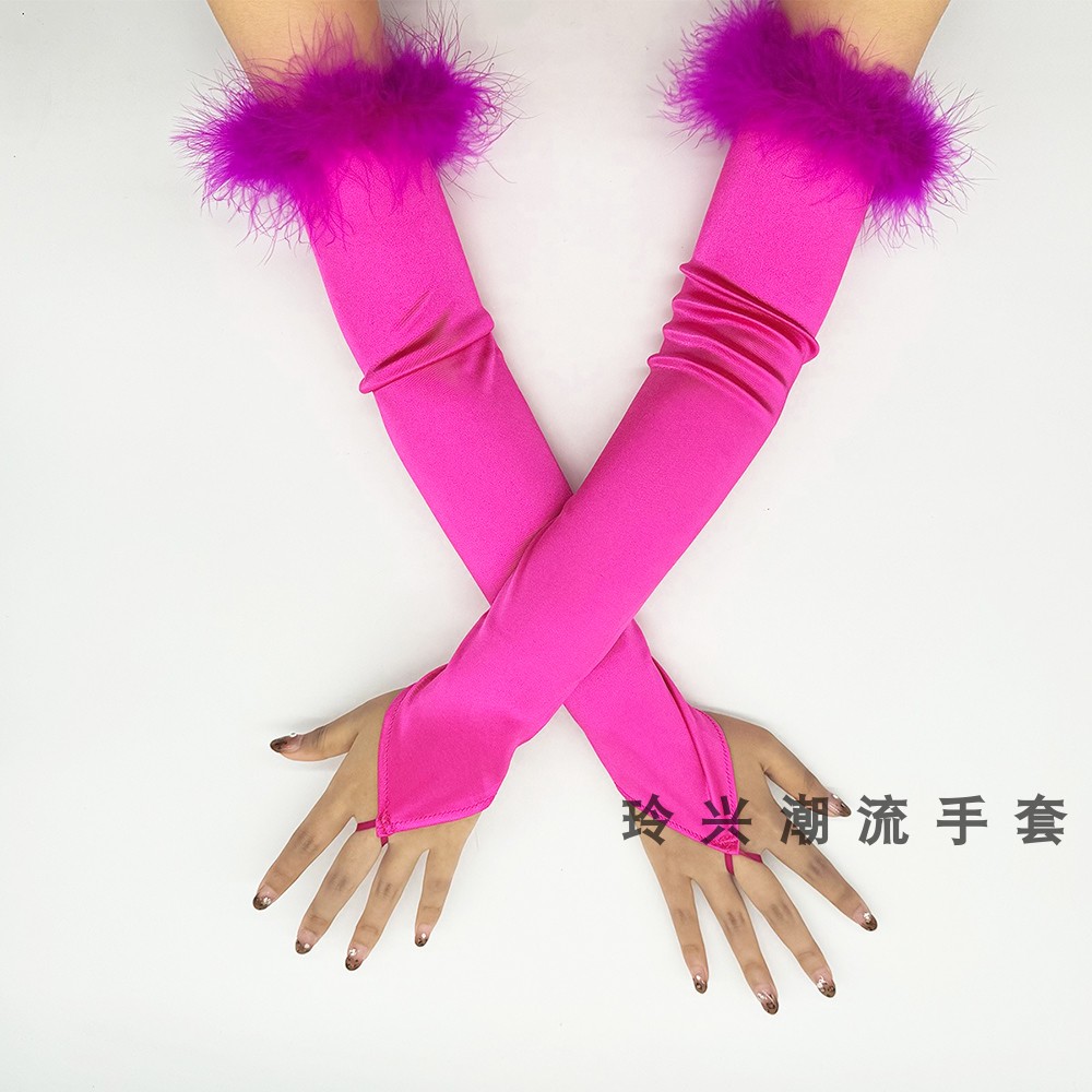 勾挂指手套羽毛绒边口袖套少女派对舞台可爱圣诞绿玫红芭比粉拉丁