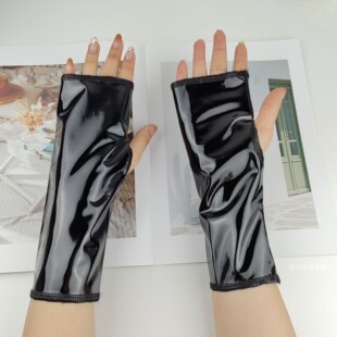 漆皮手套中长款无指半掌Y2K亮面黑色cos表演洛丽塔朋克少女童袖套