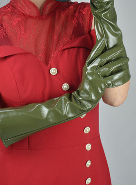 包邮漆皮长手套40cm仿真皮仿皮PU皮亮面亮皮深绿色军绿色橄榄绿