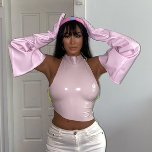 女款 漆皮长手套 仿皮亮黑色樱花粉红色男款 子宽松泡泡袖 70cm大袖