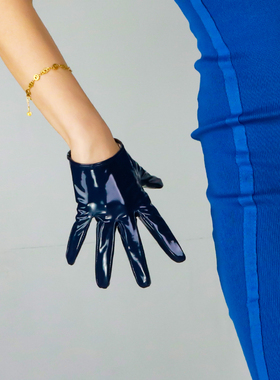 超短款漆皮手套16cm分指青年仿皮pu时尚芭莎服饰配饰鸢尾蓝色cos