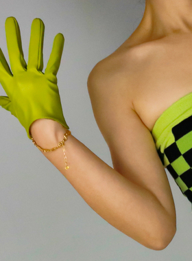 超短款漆皮手套16cm分指青年仿皮pu时尚芭莎服饰配饰苹果绿色cos