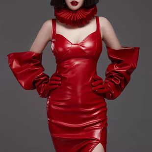 70cm漆皮手套超长高光过肘大袖 子宽口红色彩色拍照造型设计写真