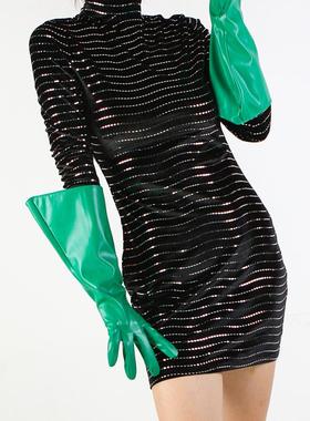 皮手套长款38cm大袖子宽口蓬蓬袖漆皮青色祖母绿色T台走秀摄影cos