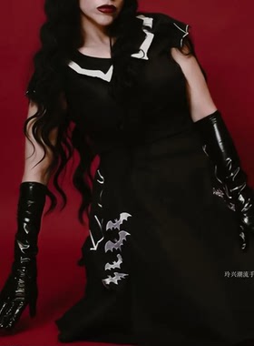 长款皮手套40cm软胶仿真皮pu儿童走秀舞台表演服写真摄影亮面黑色