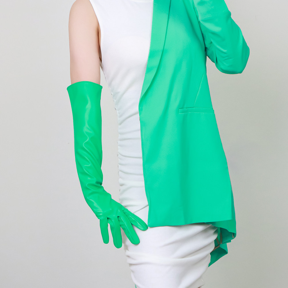 长皮手套漆皮50cm过肘仿真皮pu苹果绿色青色舞台表演服摄影拍照相