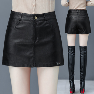 裙秋冬皮裤 女假两件裤 短款 外穿靴裤 皮裙裤 前裙后裤 高腰PU皮短裤
