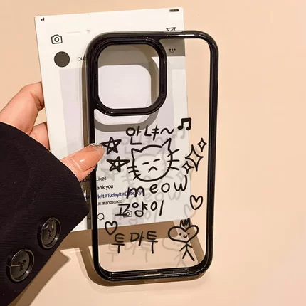 ins风可爱简约线条猫咪适用苹果iPhone16 Pro亚克力防摔手机壳