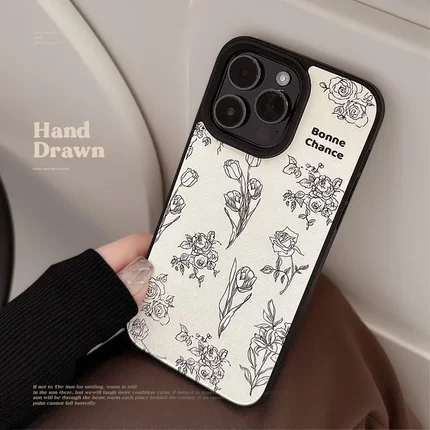 气质复古风山茶花玫瑰~适用多型号iPhone16艺术高级小羊皮手机壳17promax~