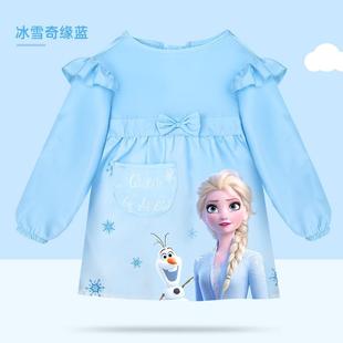 迪士尼儿童罩衣艾莎公主防水画画衣宝宝围裙吃饭围兜幼儿园反穿衣