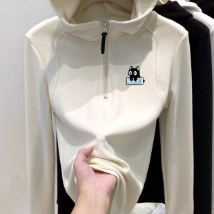 上衣 T恤女拉链内搭打底衫 奥特莱斯 清仓捡漏双面磨毛德绒连帽长袖