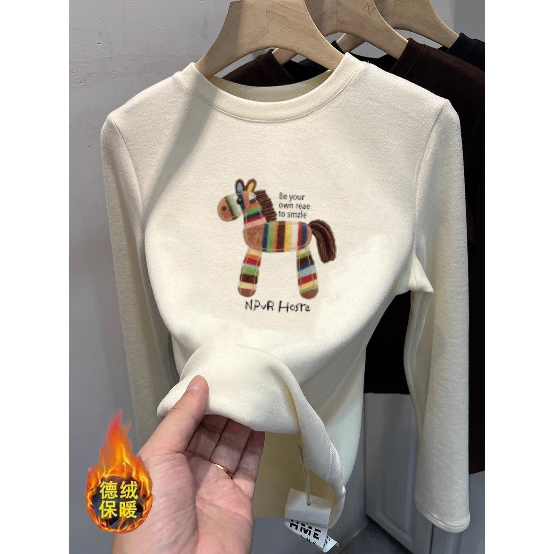 面料摸起来舒服！软糯磨毛德绒圆领长袖T恤女秋冬加厚保暖上衣