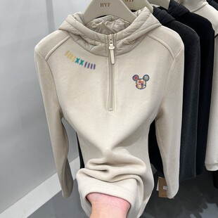 奥特莱斯~清仓捡漏半拉链磨毛德绒连帽卫衣女设计感加厚保暖外套