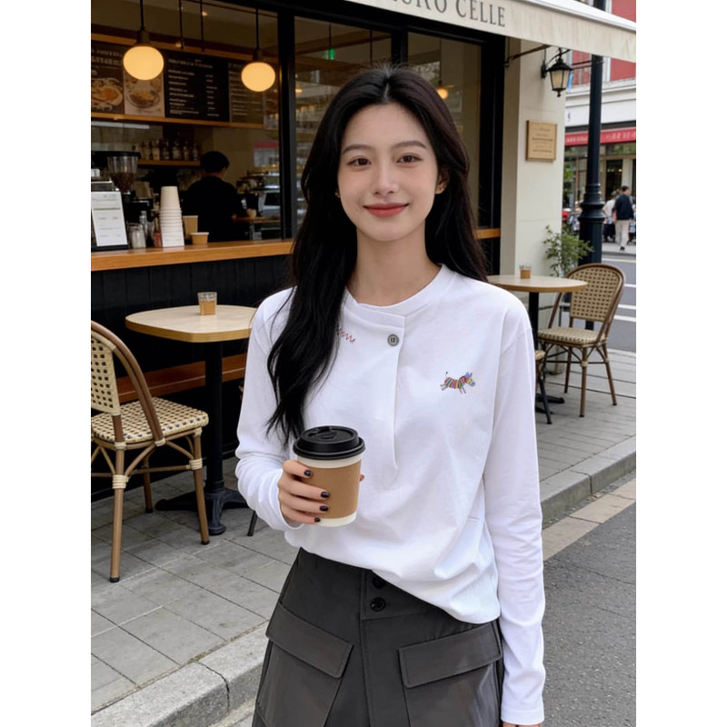 奥特莱斯~清仓捡漏领口纽扣正肩长袖t恤女2026春秋新款白色上衣潮