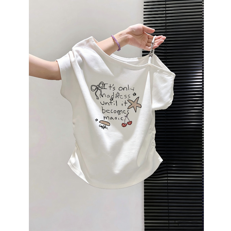 上身敲好看~辣妹斜领白色短款T恤女设计感小众收腰显瘦一字肩上衣