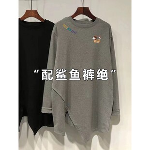 显瘦上衣潮 T恤女不规则开叉中长款 可爱到心头啦 磨毛德绒长袖